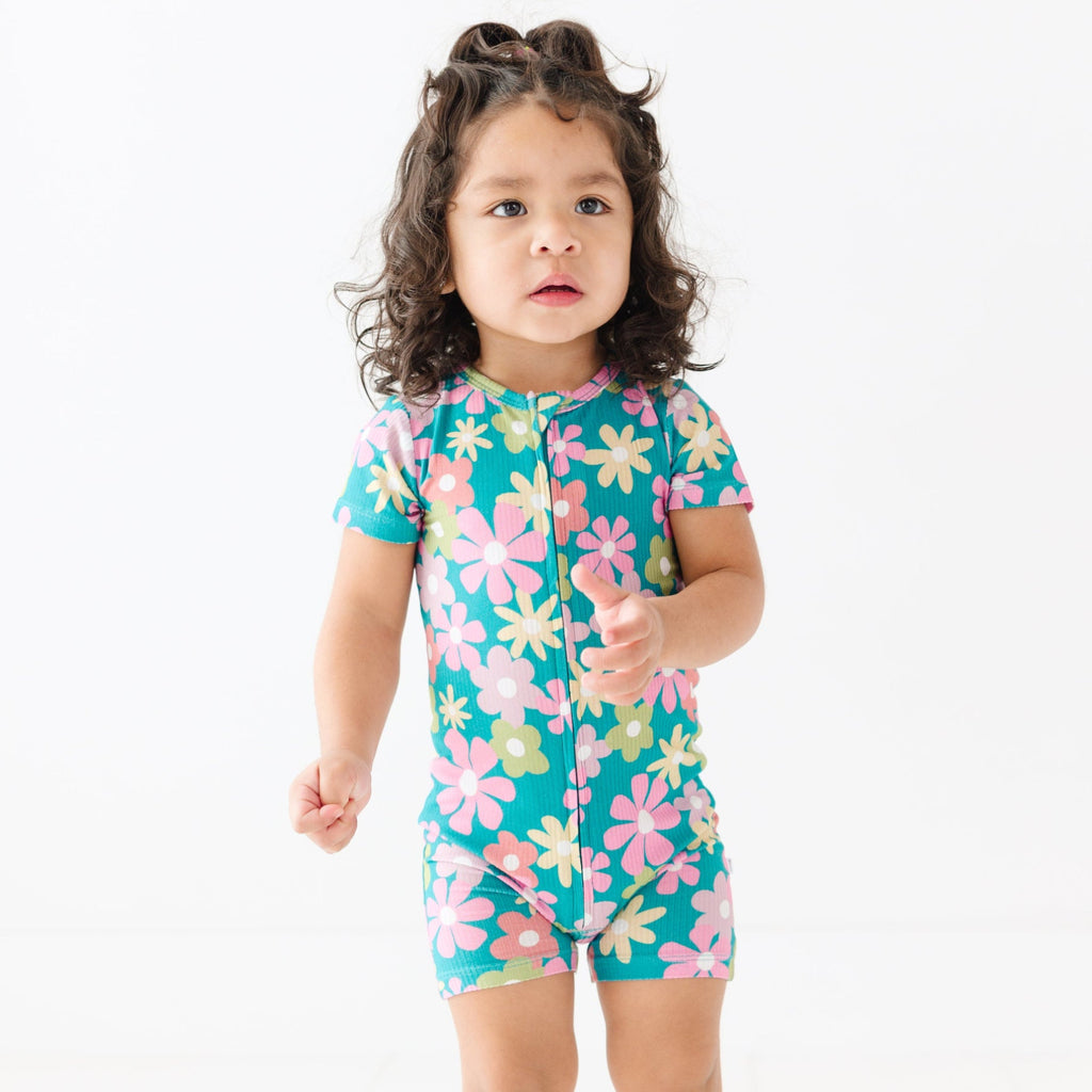 Retro Daisies Small Ribbed Summer Zip Romper