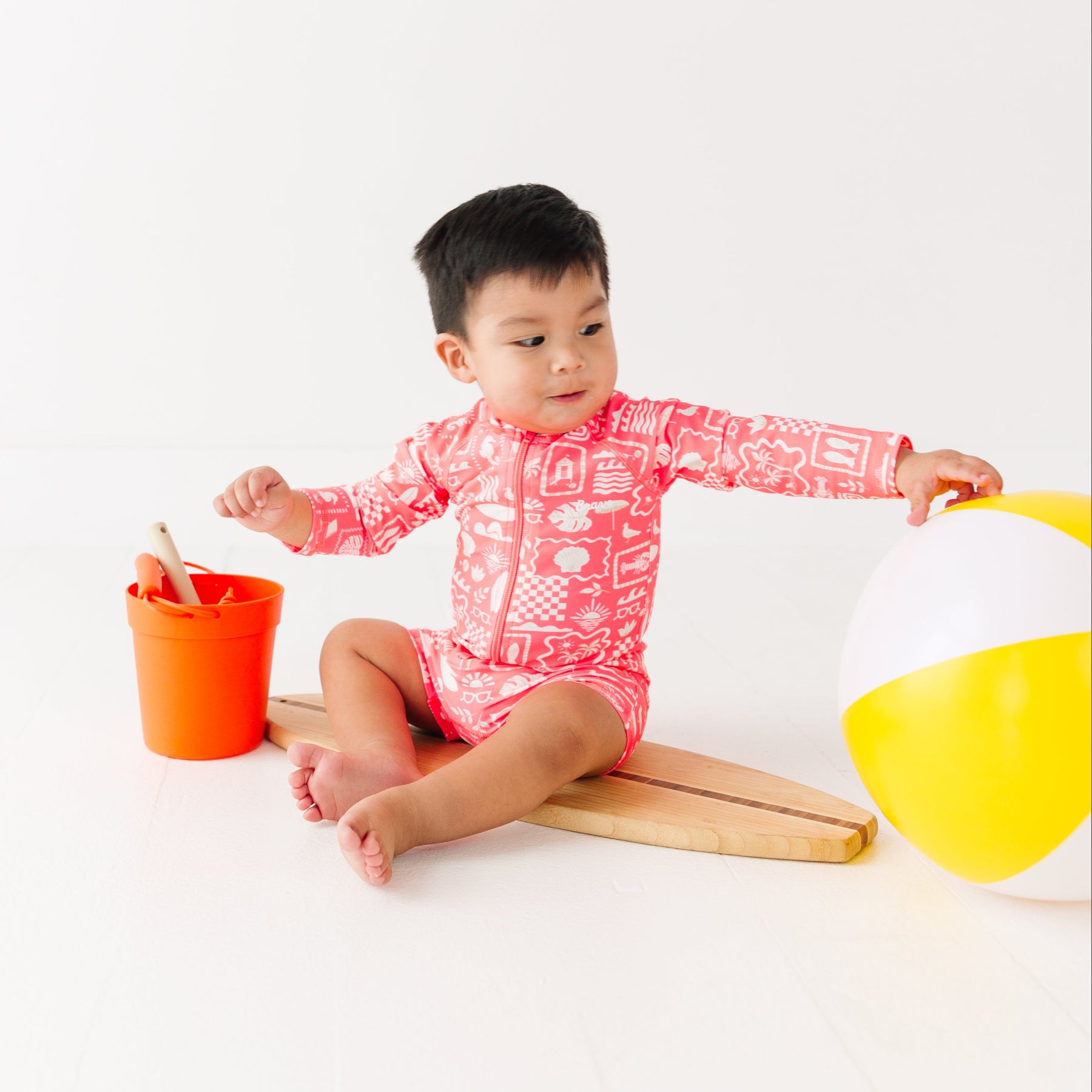 Neon Coral Summer Block Long Sleeve Rash Guard Boy Shortie