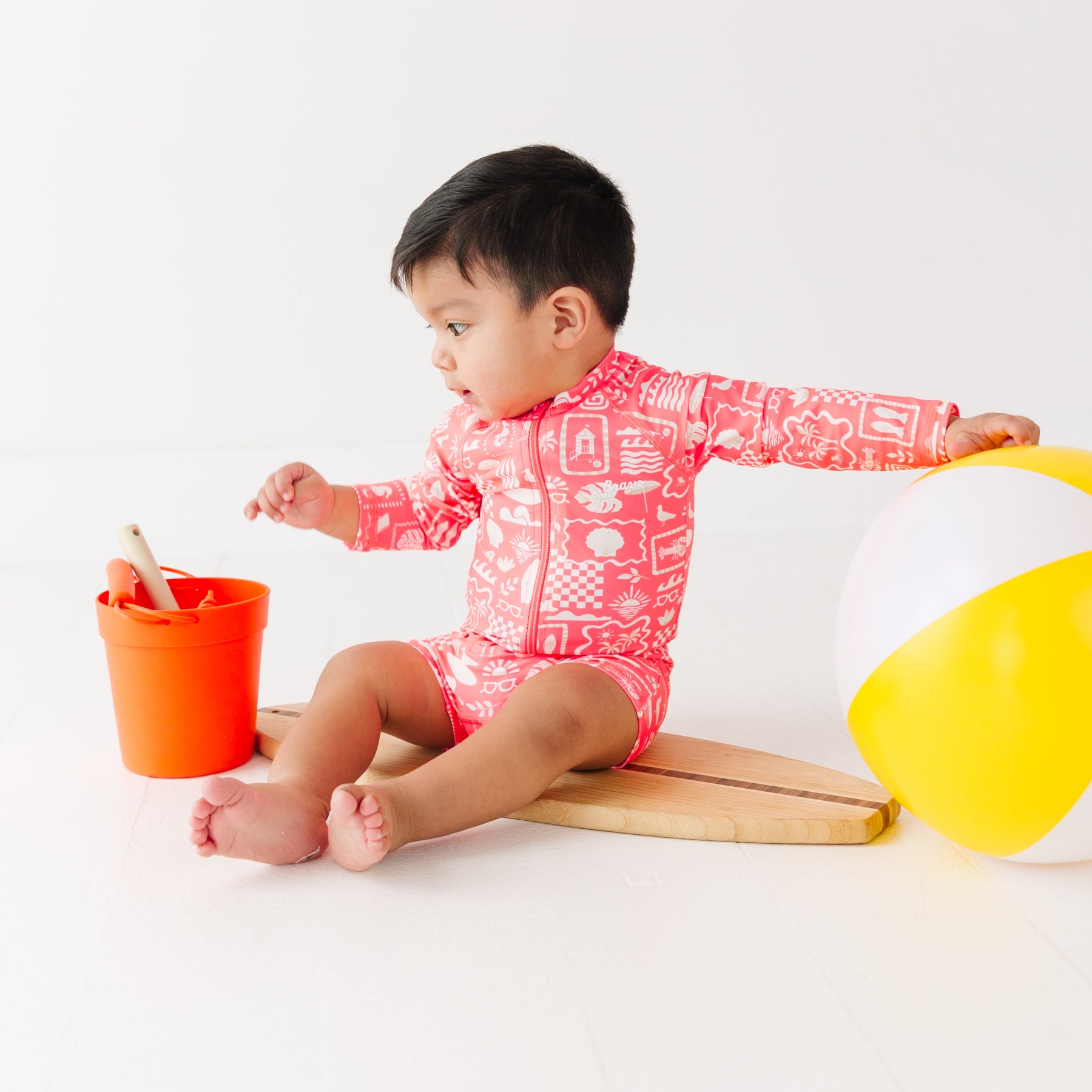 Neon Coral Summer Block Long Sleeve Rash Guard Boy Shortie