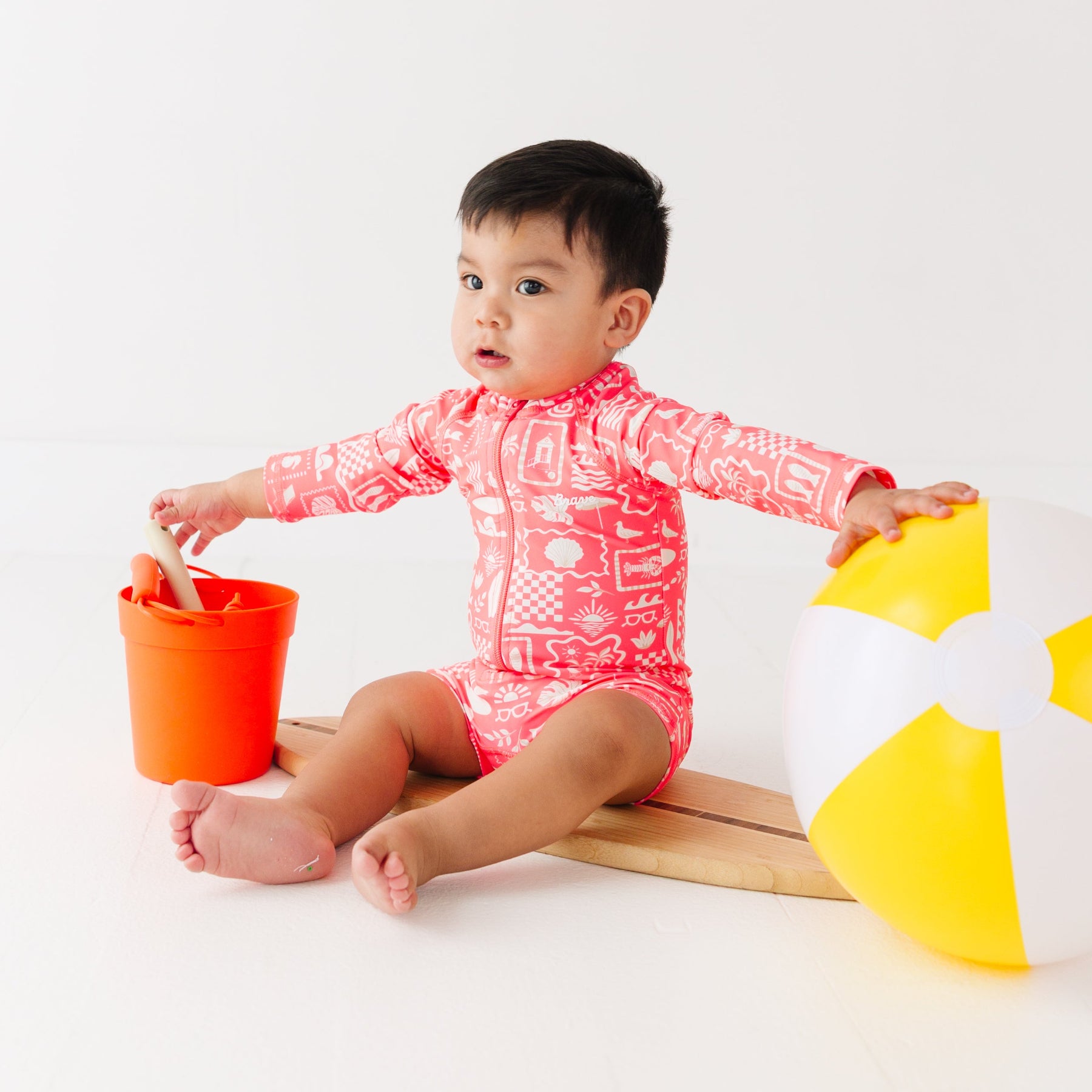 Neon Coral Summer Block Long Sleeve Rash Guard Boy Shortie