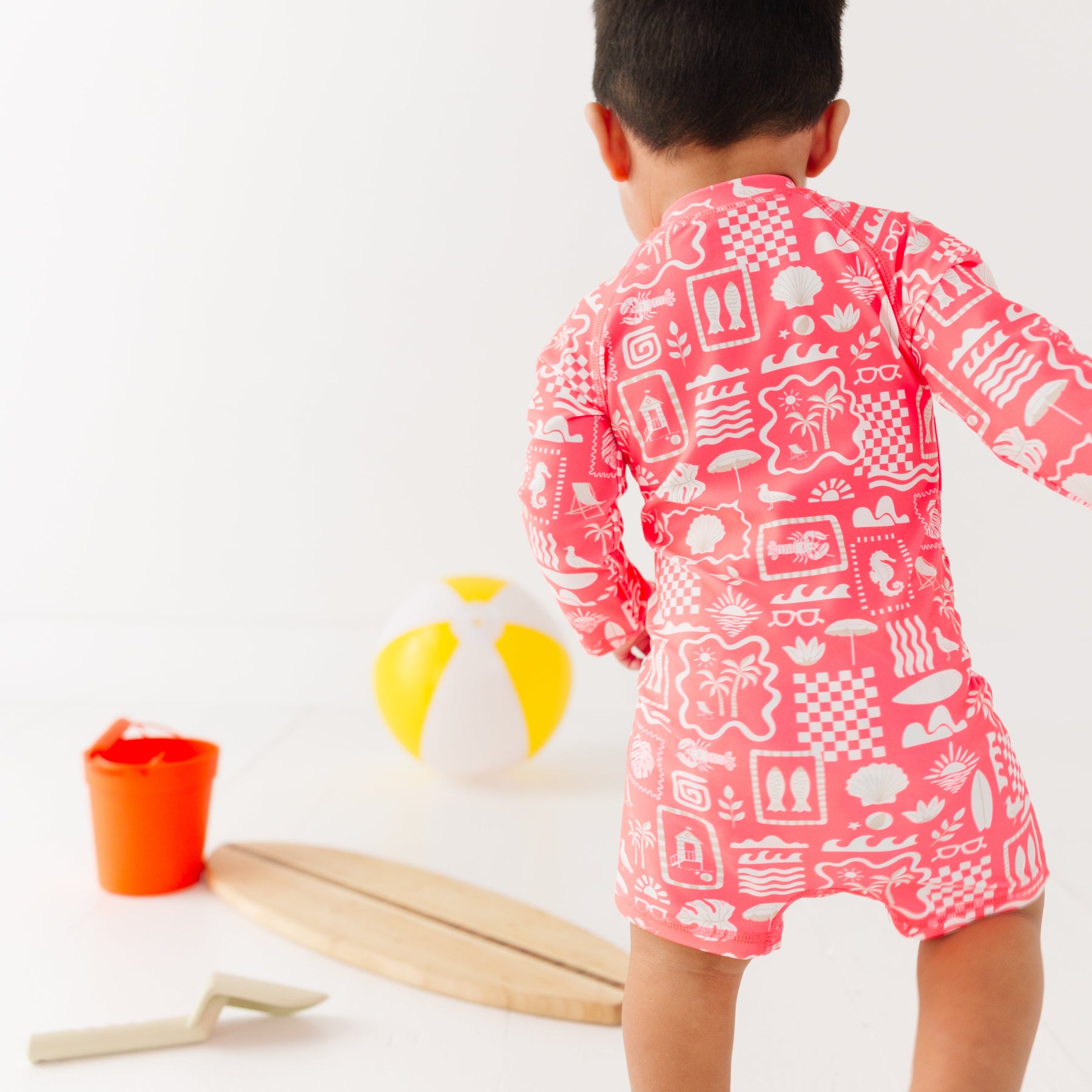 Neon Coral Summer Block Long Sleeve Rash Guard Boy Shortie