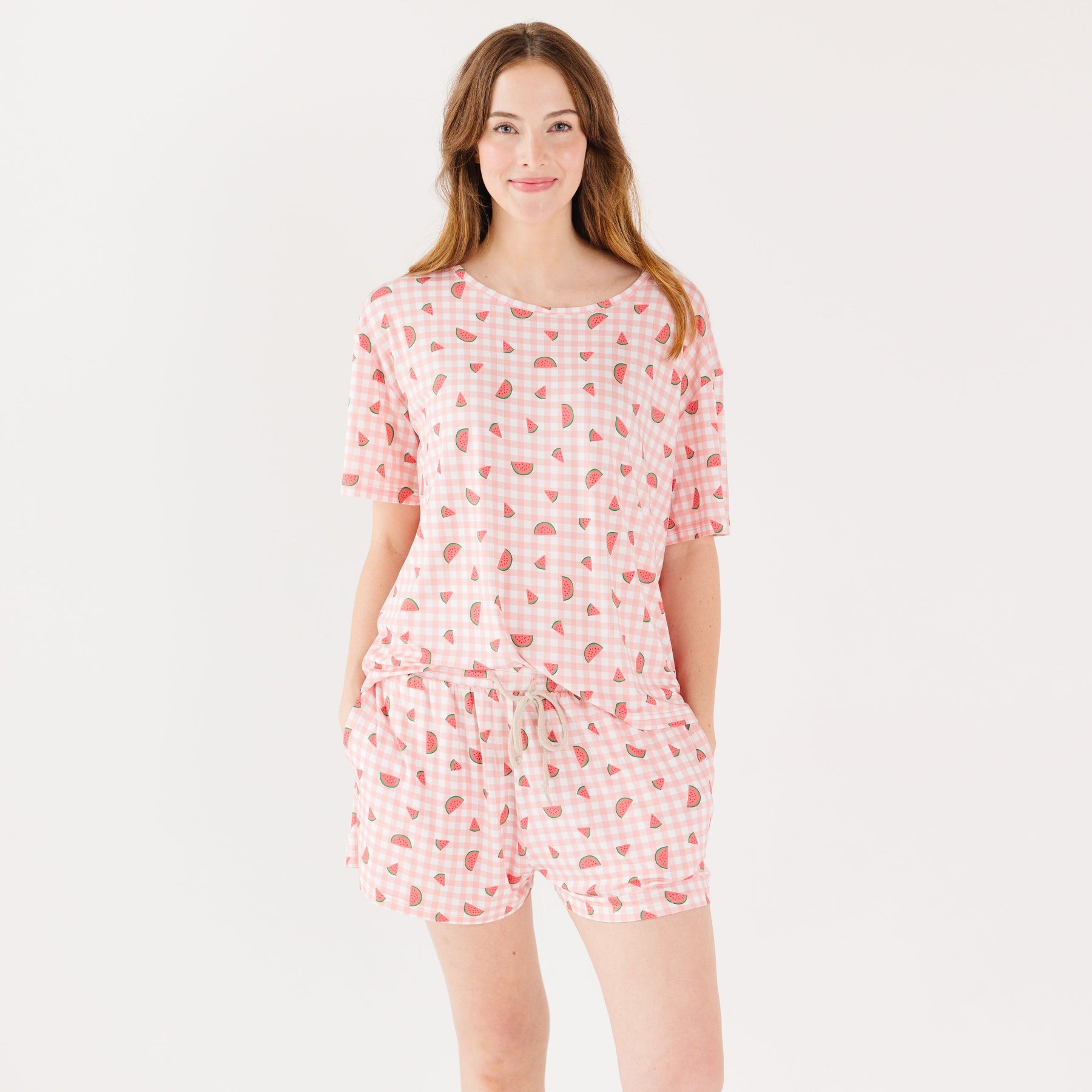 Watermelon Pink Gingham Women's Shorts Set