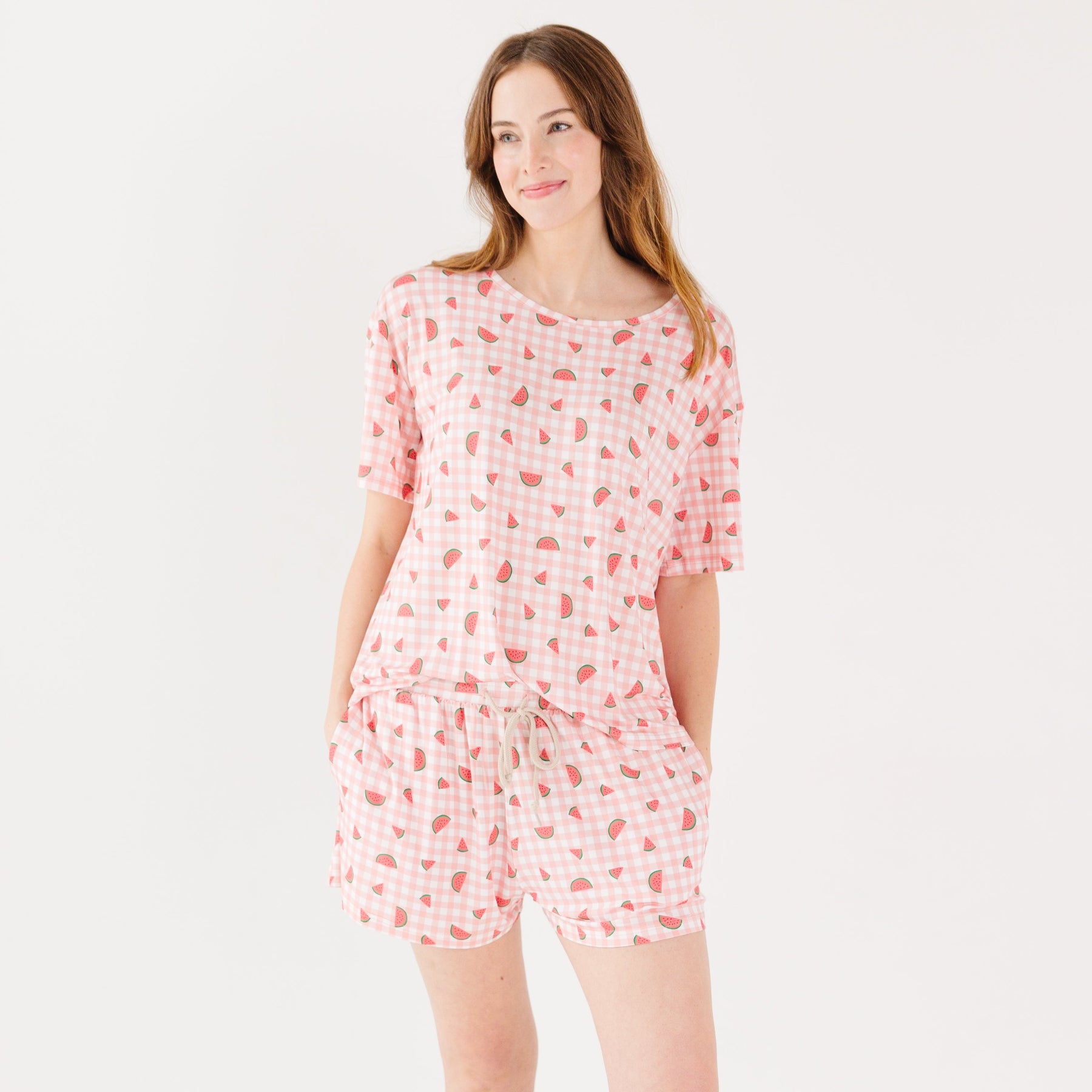 Watermelon Pink Gingham Women's Shorts Set