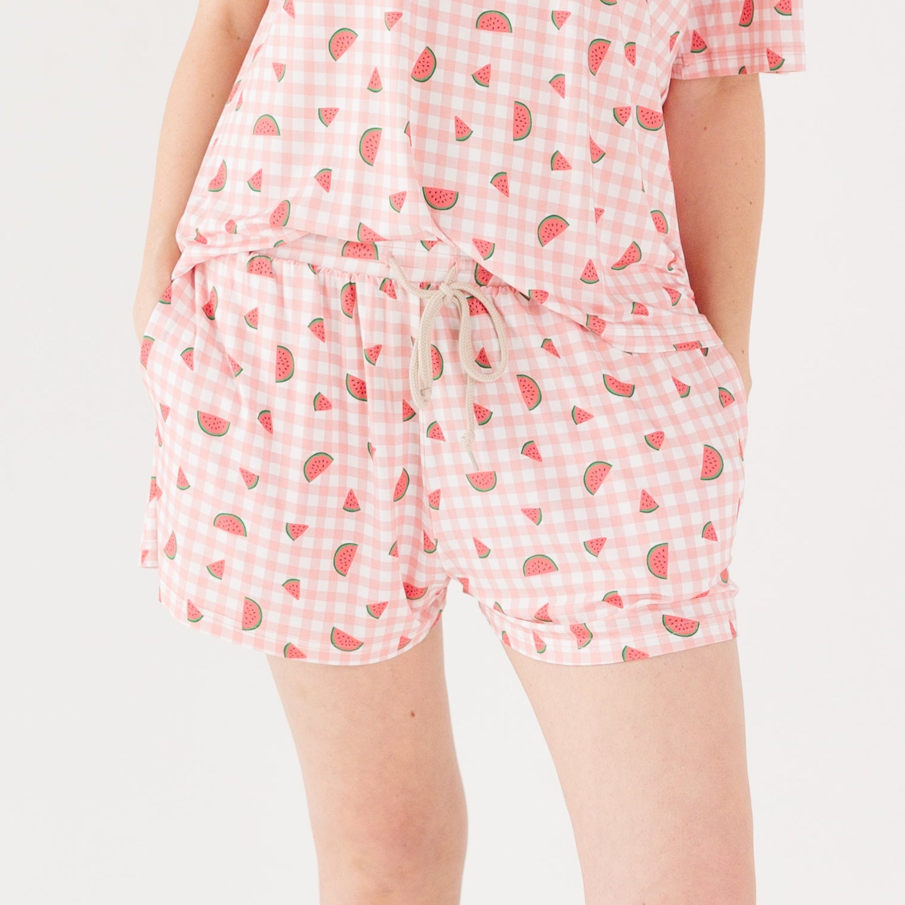 Watermelon Pink Gingham Women's Shorts Set