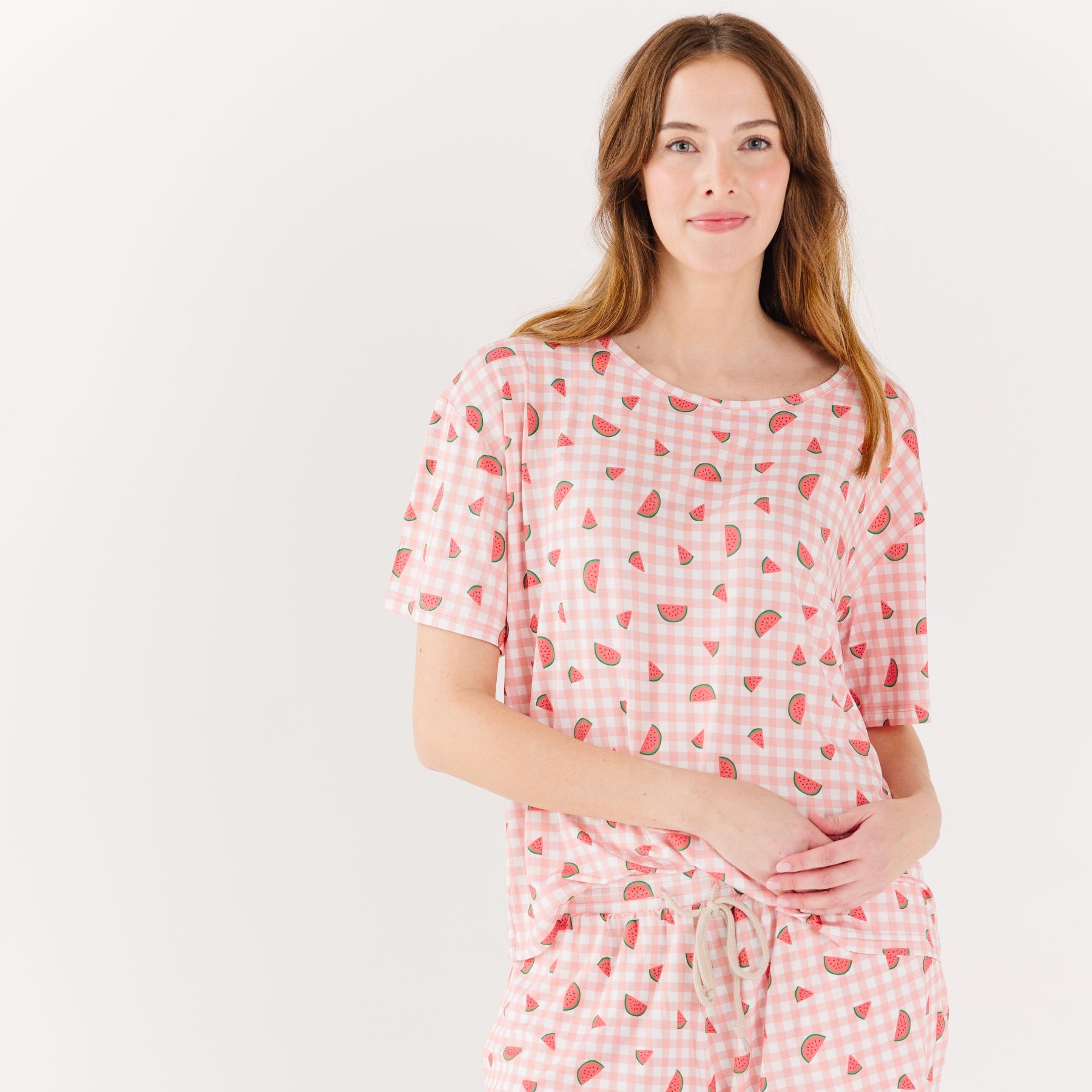 Watermelon Pink Gingham Women's Short Sleeve Top