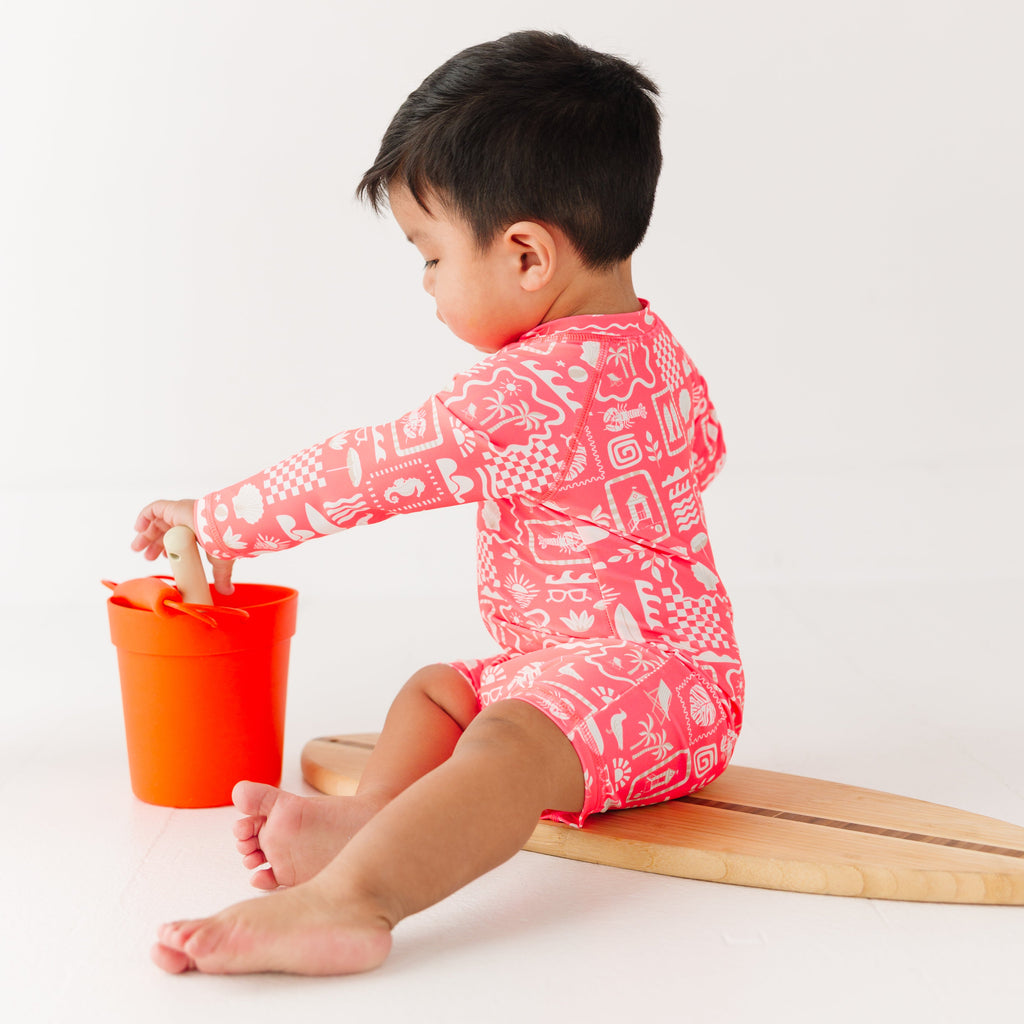 Neon Coral Summer Block Long Sleeve Rash Guard Boy Shortie