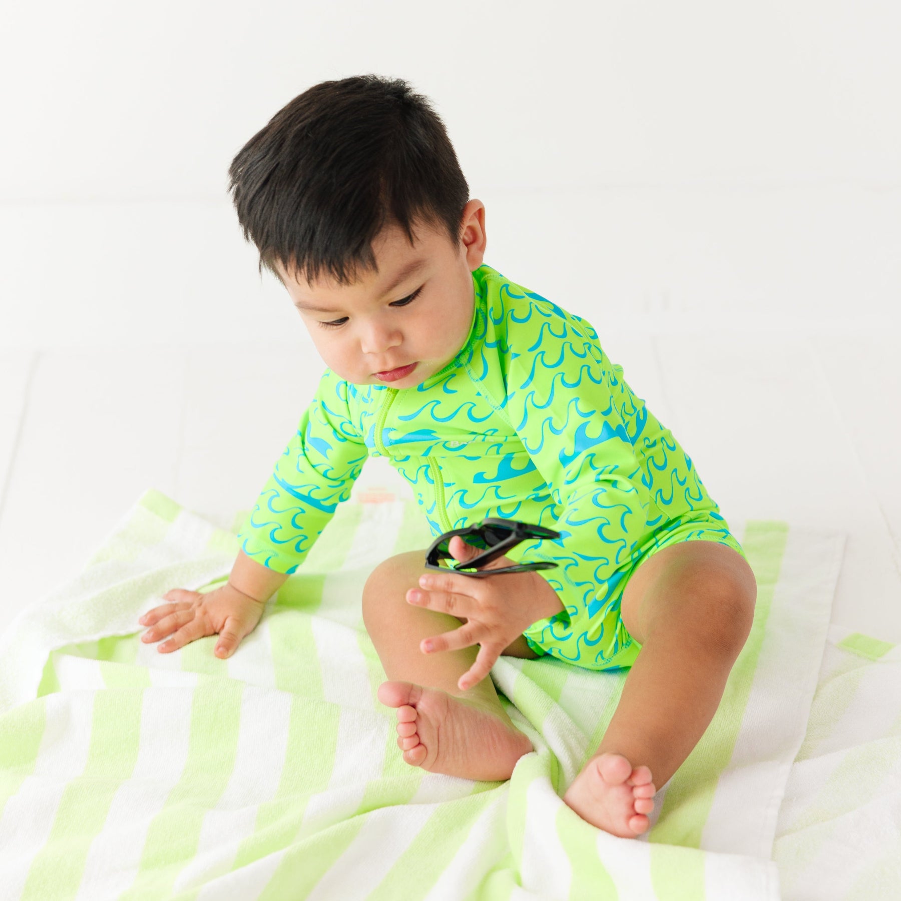 Neon Green Waves Long Sleeve Rash Guard Boy Shortie