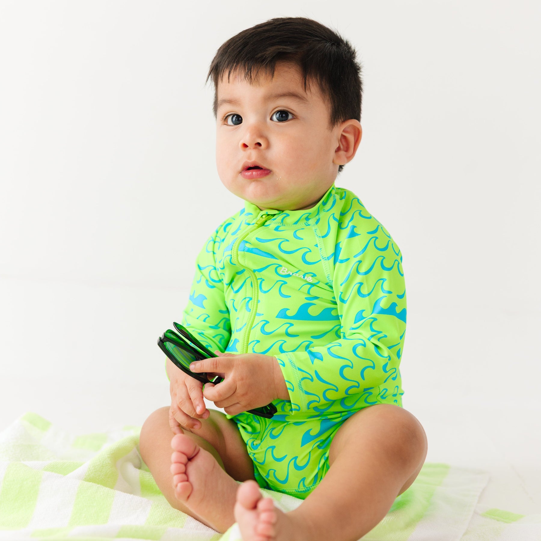 Neon Green Waves Long Sleeve Rash Guard Boy Shortie