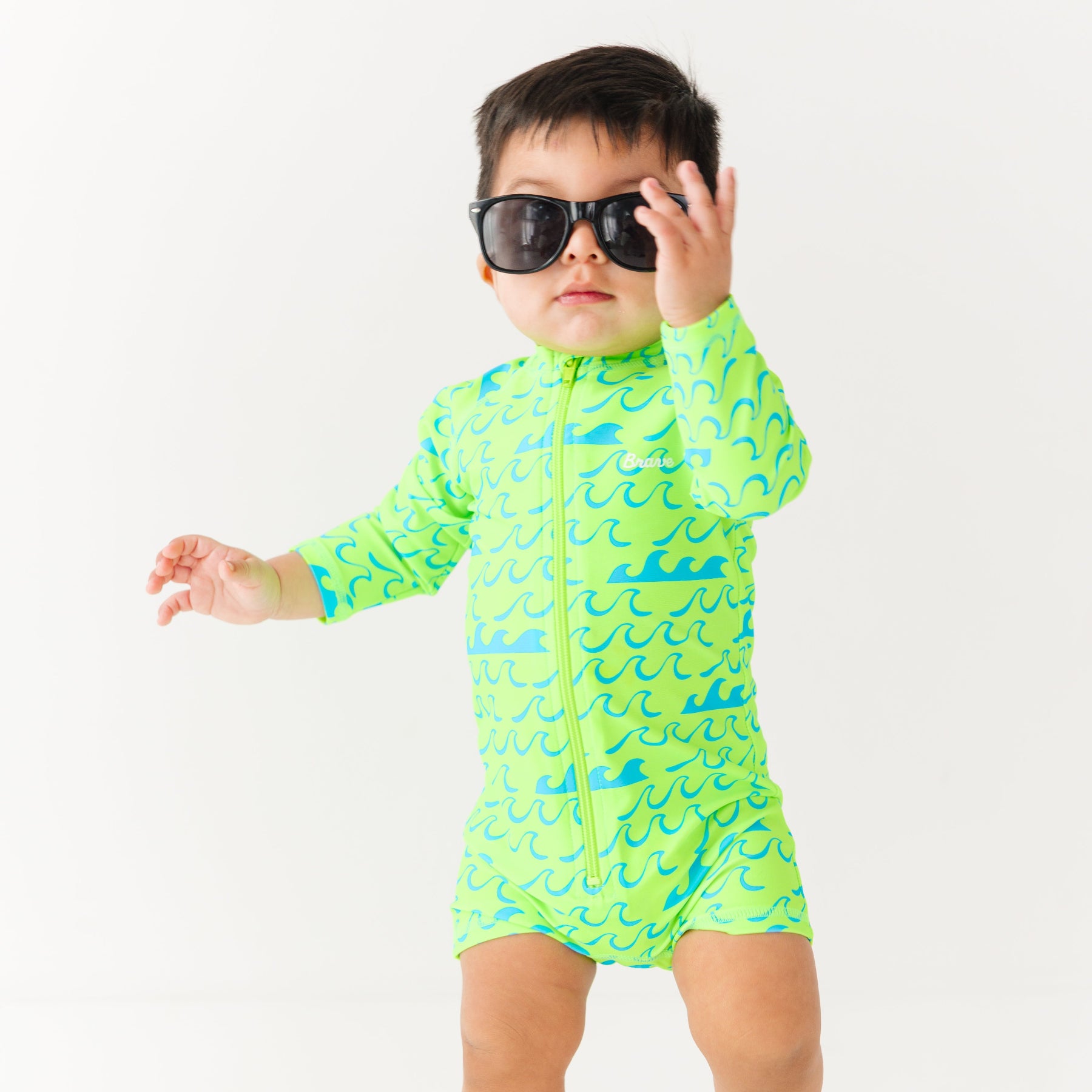 Neon Green Waves Long Sleeve Rash Guard Boy Shortie