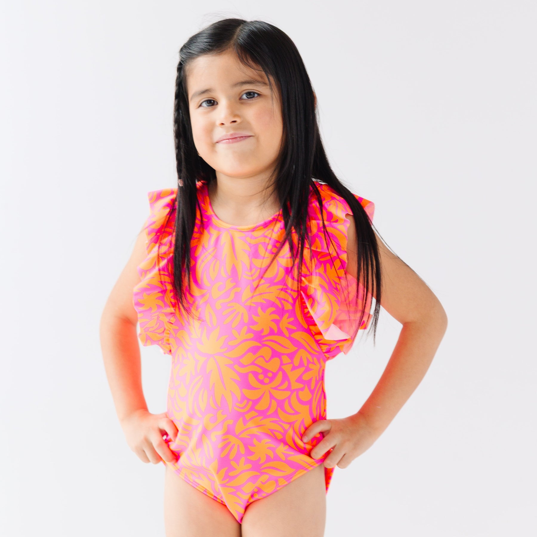 Neon Pink Tropical Tango Ruffle Sleeves One-Piece Bathing Suit