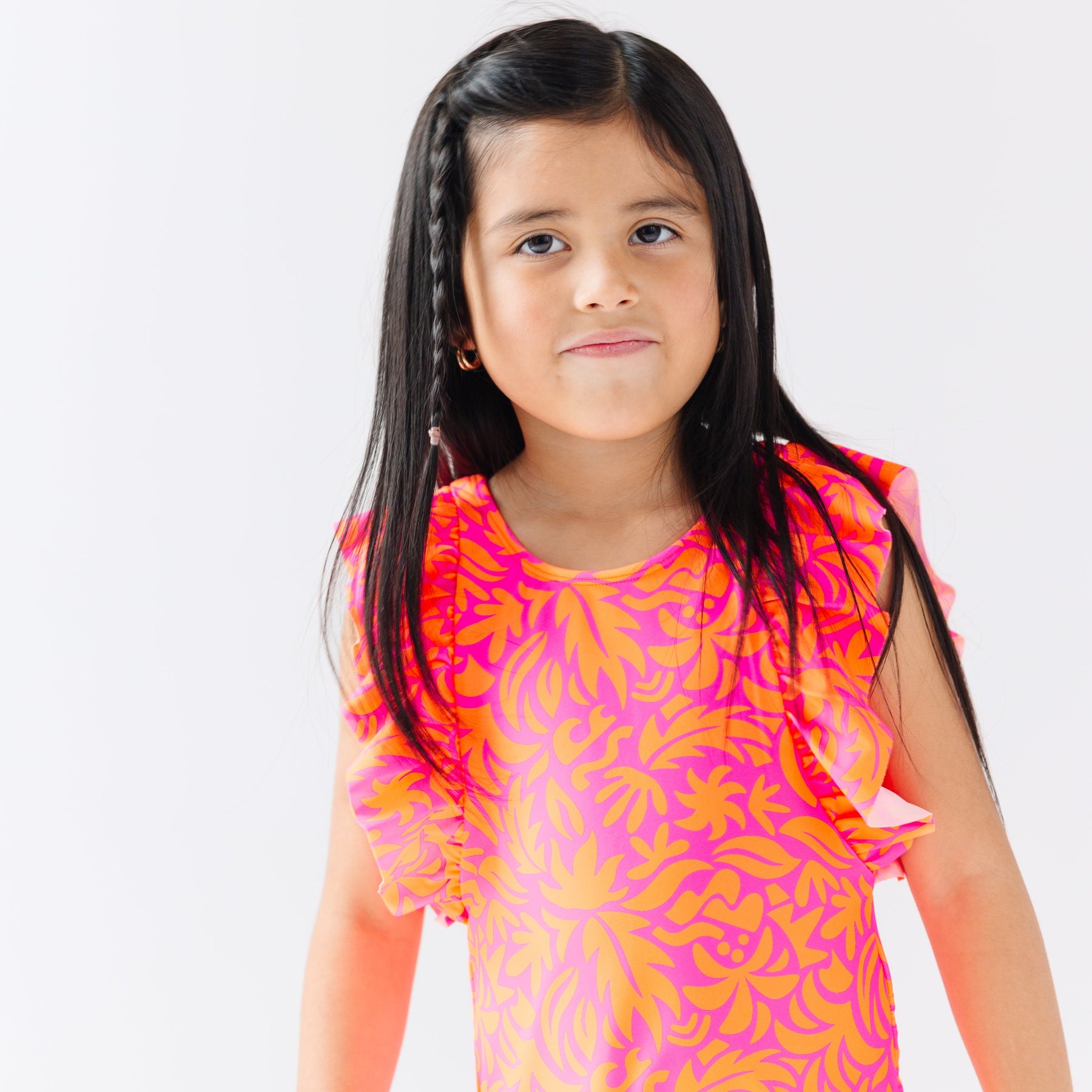 Neon Pink Tropical Tango Ruffle Sleeves One-Piece Bathing Suit