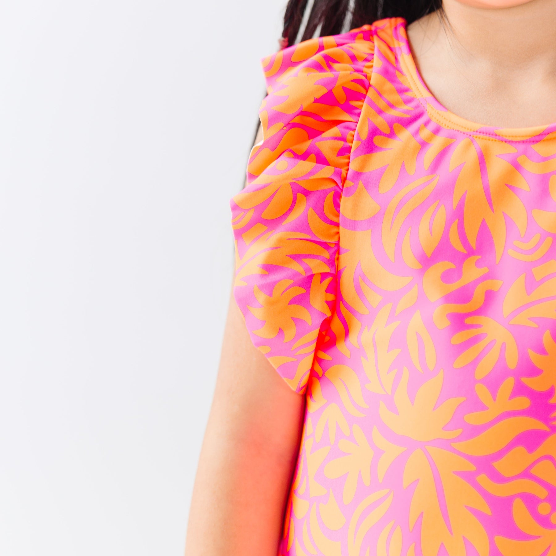 Neon Pink Tropical Tango Ruffle Sleeves One-Piece Bathing Suit