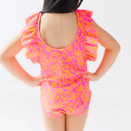 Neon Pink Tropical Tango Ruffle Sleeves One-Piece Bathing Suit