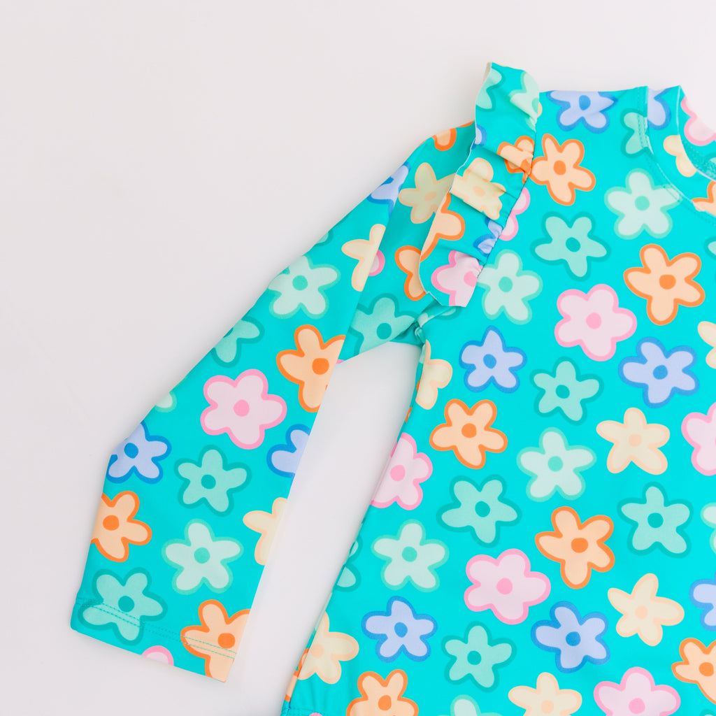 Bright Turquoise Daisies One-Piece Bathing Suit