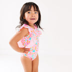 Neon Little Blooms Ruffle Sleeves One-Piece Bathing Suit