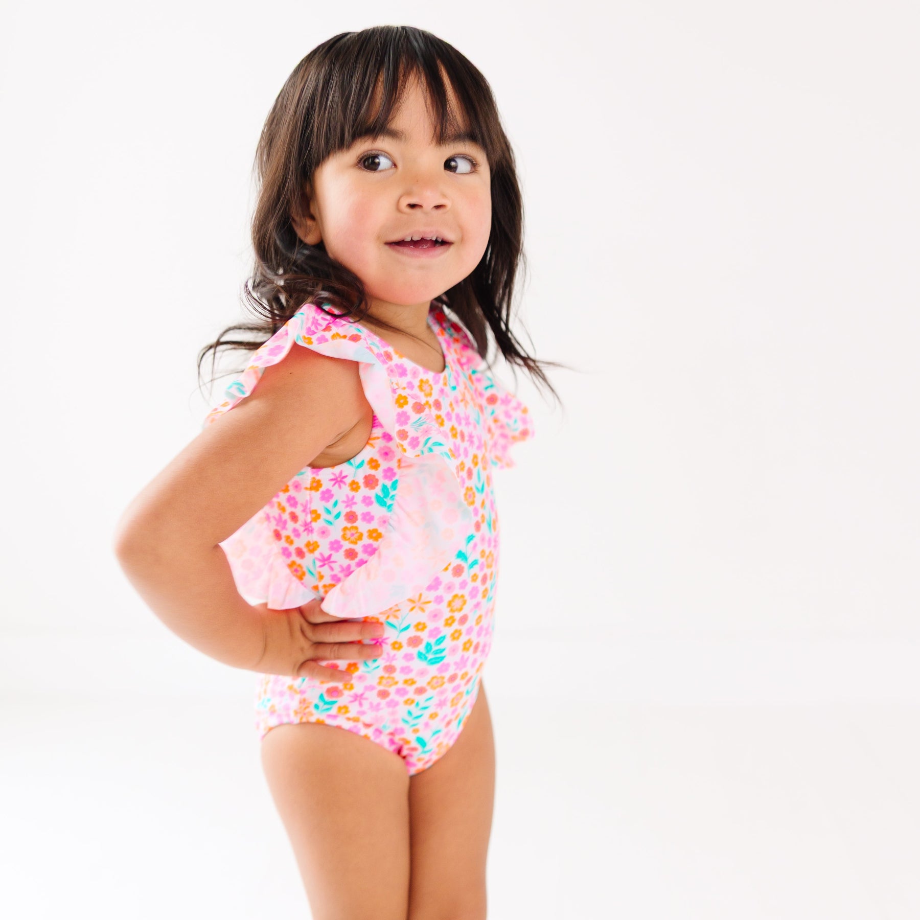 Neon Little Blooms Ruffle Sleeves One-Piece Bathing Suit