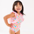 Neon Little Blooms Ruffle Sleeves One-Piece Bathing Suit