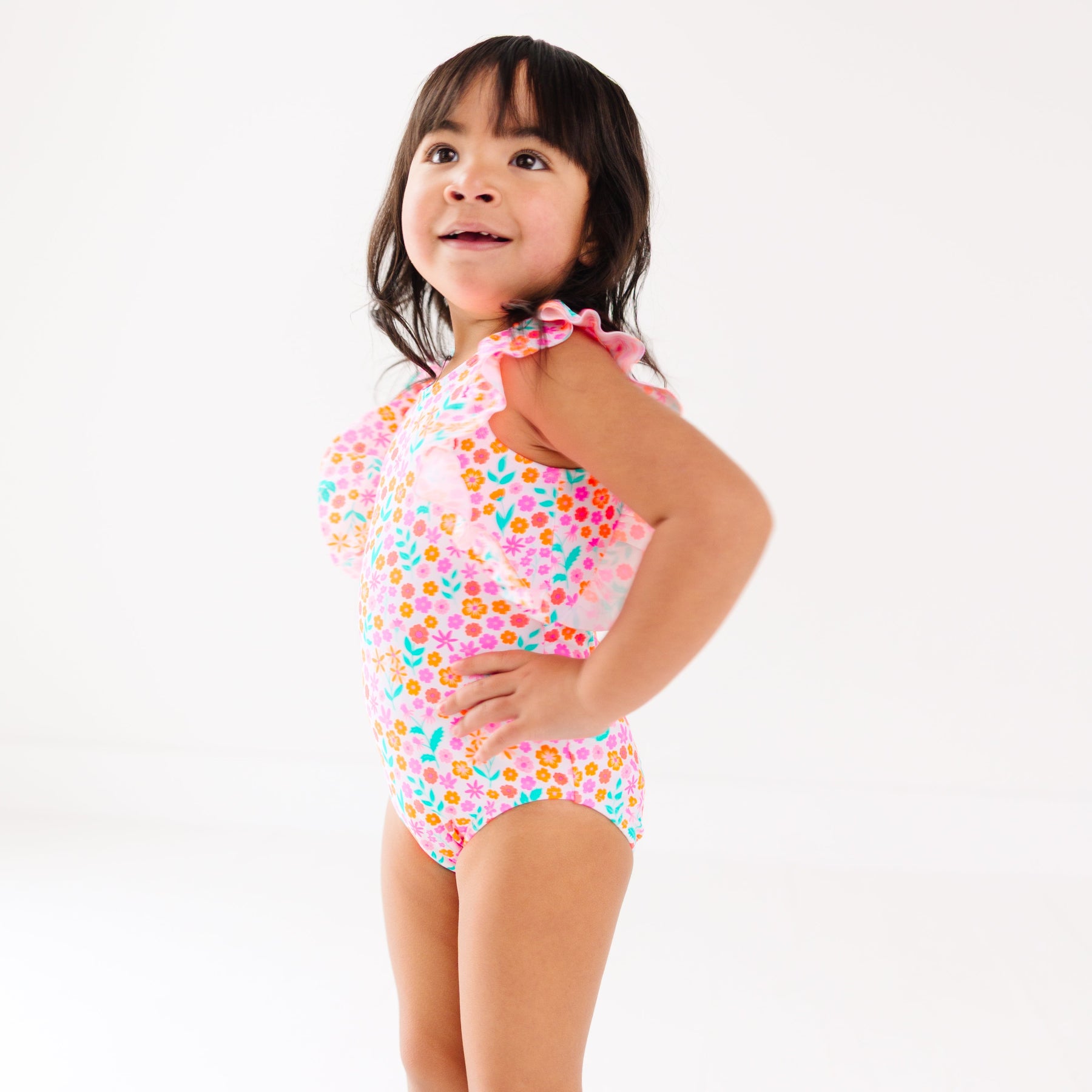 Neon Little Blooms Ruffle Sleeves One-Piece Bathing Suit