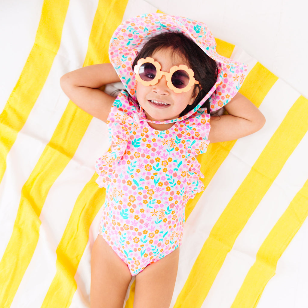 Neon Little Blooms Ruffle Sleeves One-Piece Bathing Suit