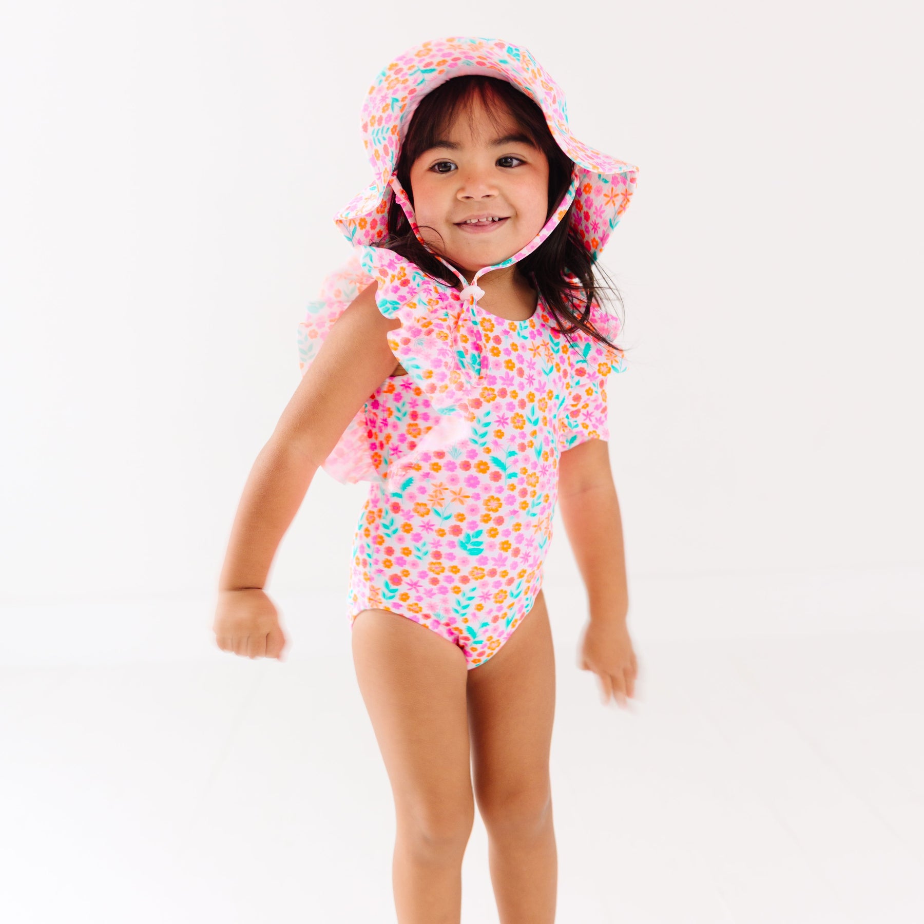 Neon Little Blooms Ruffle Sleeves One-Piece Bathing Suit