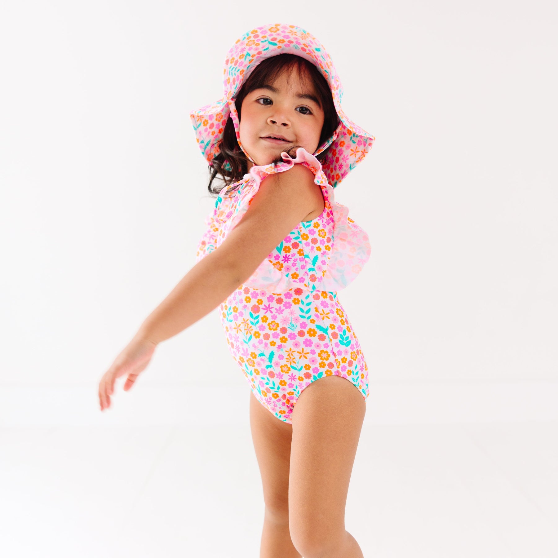 Neon Little Blooms Ruffle Sleeves One-Piece Bathing Suit