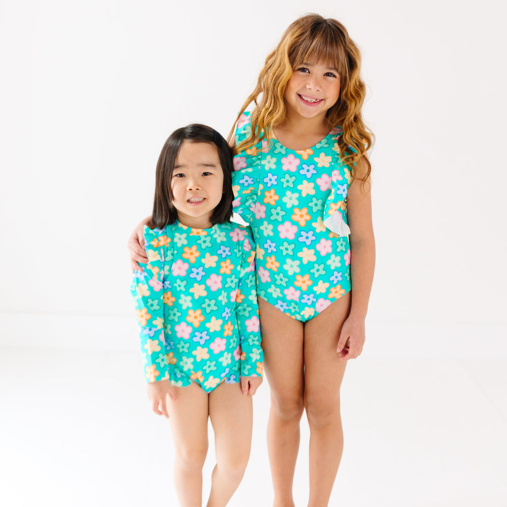 Bright Turquoise Daisies One-Piece Bathing Suit