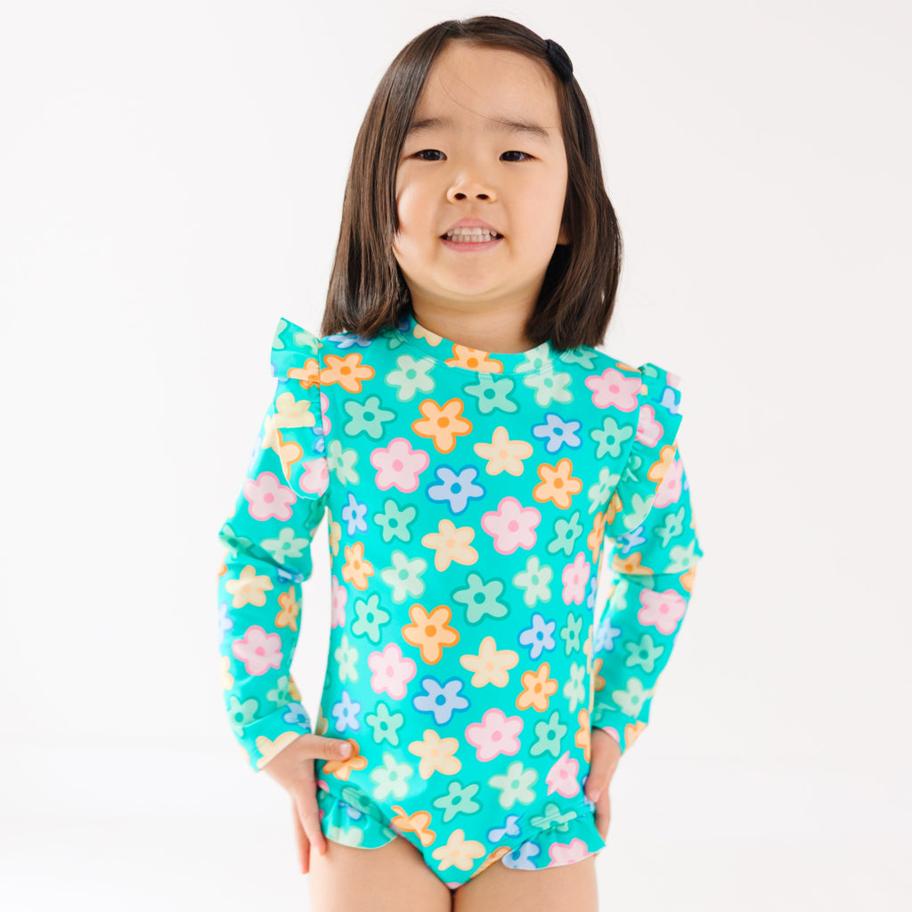 Bright Turquoise Daisies One-Piece Bathing Suit