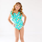 Bright Turquoise Daisies Ruffle Sleeves One-Piece Bathing Suit