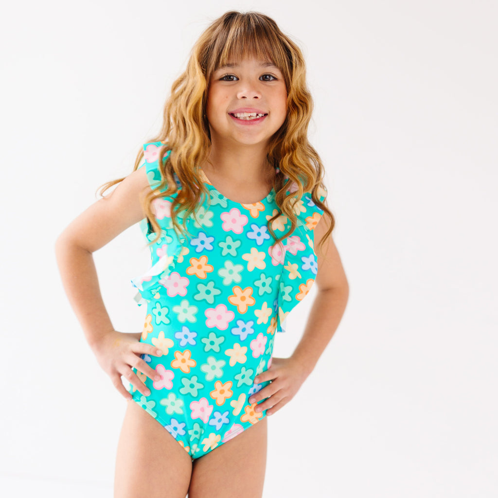 Bright Turquoise Daisies Ruffle Sleeves One-Piece Bathing Suit