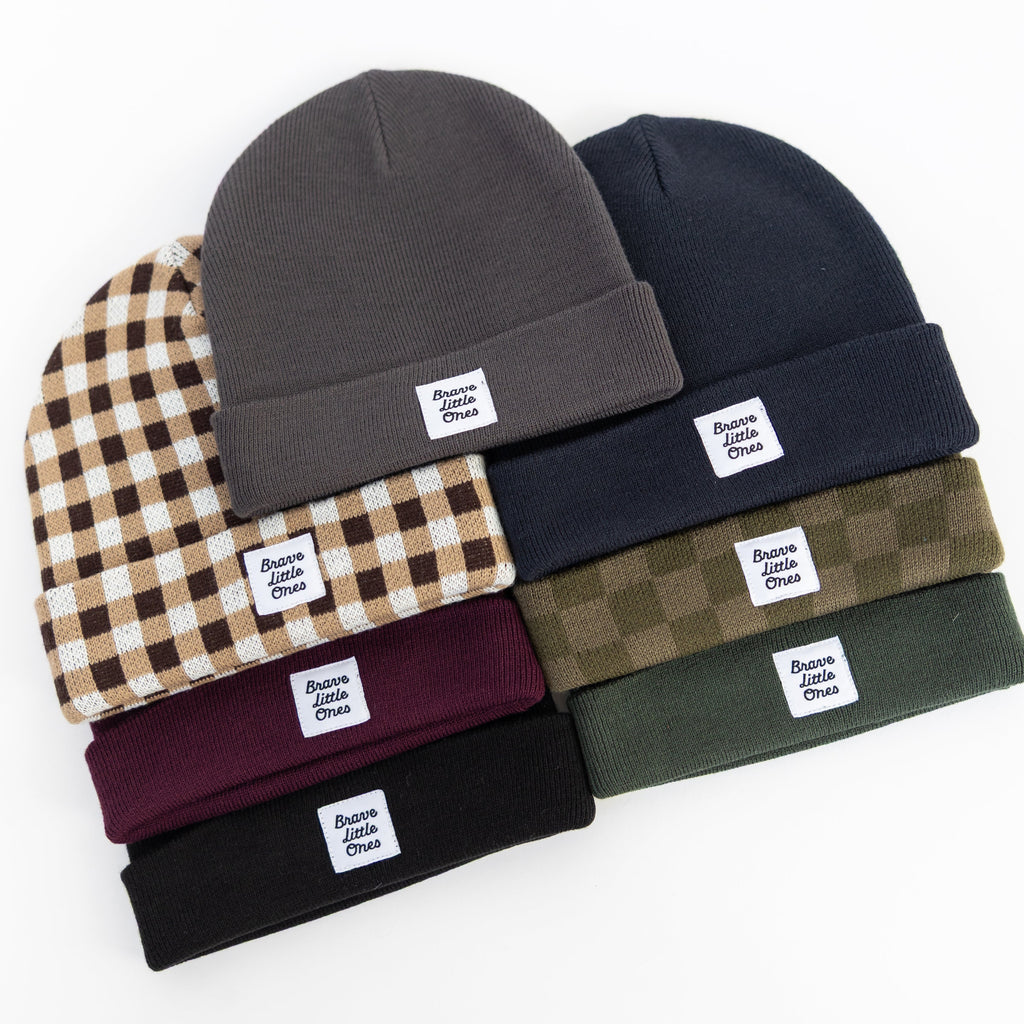 Dark Brown Gingham Knit Beanie