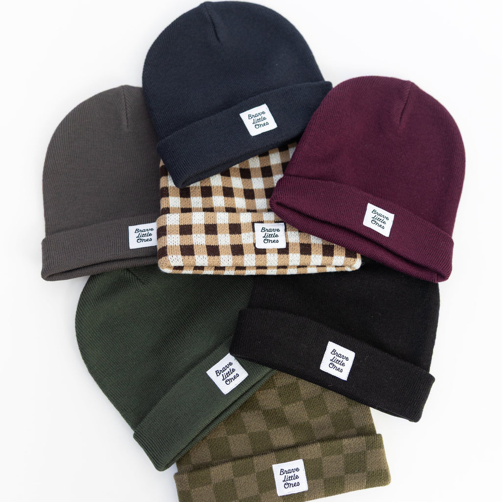 Dark Brown Gingham Knit Beanie