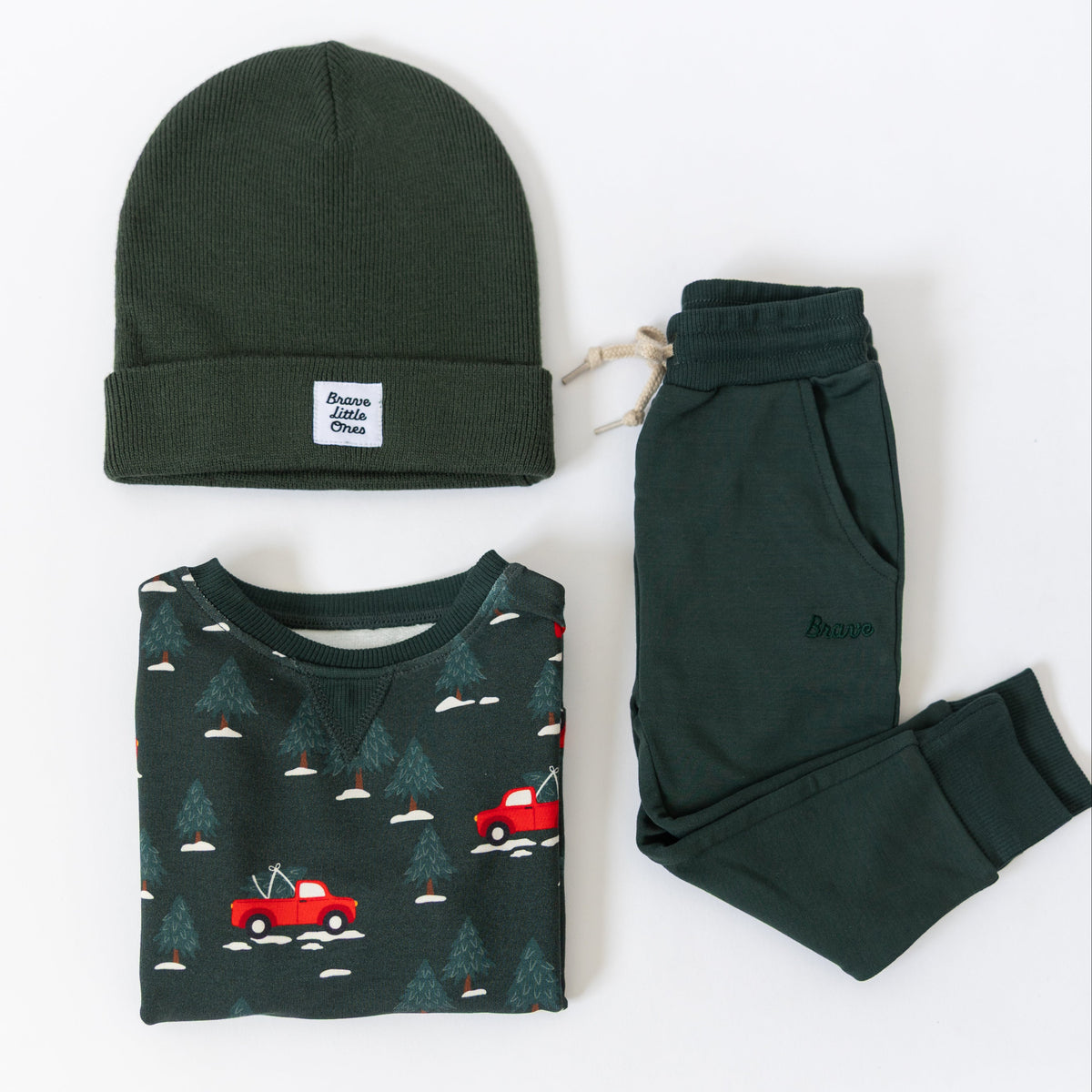 Red Christmas Trucks Bamboo French Terry Pullover and Joggers Set