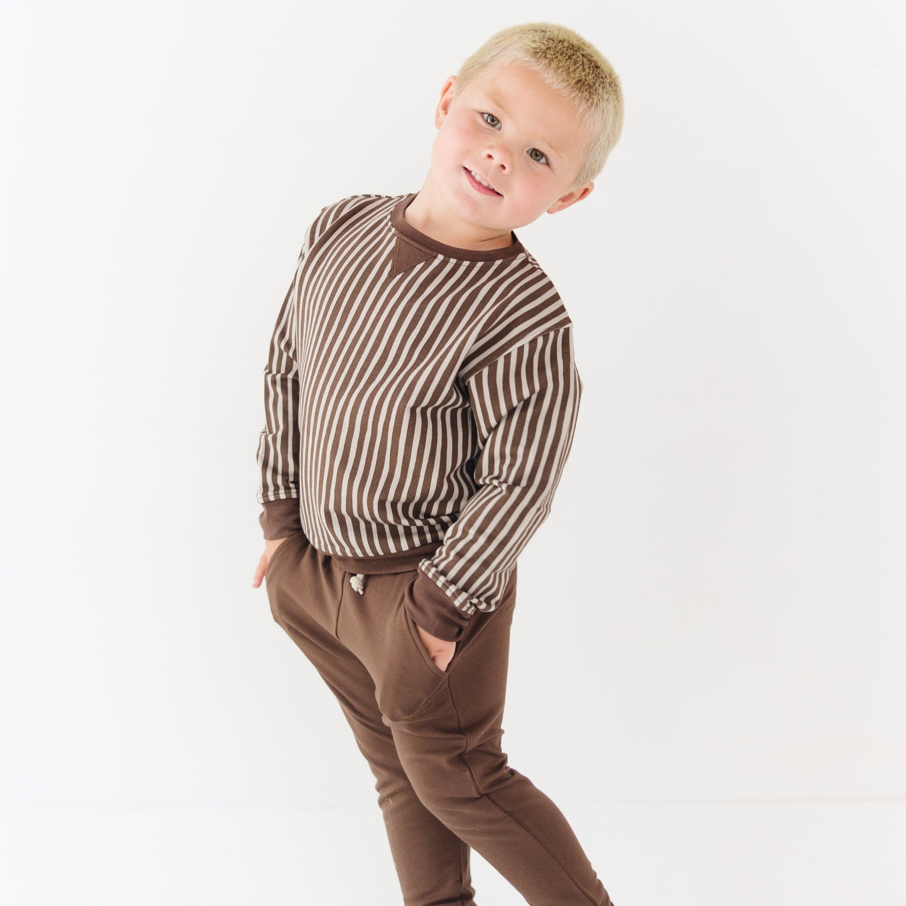 Brown Vertical Stripe Bamboo French Terry Pullover