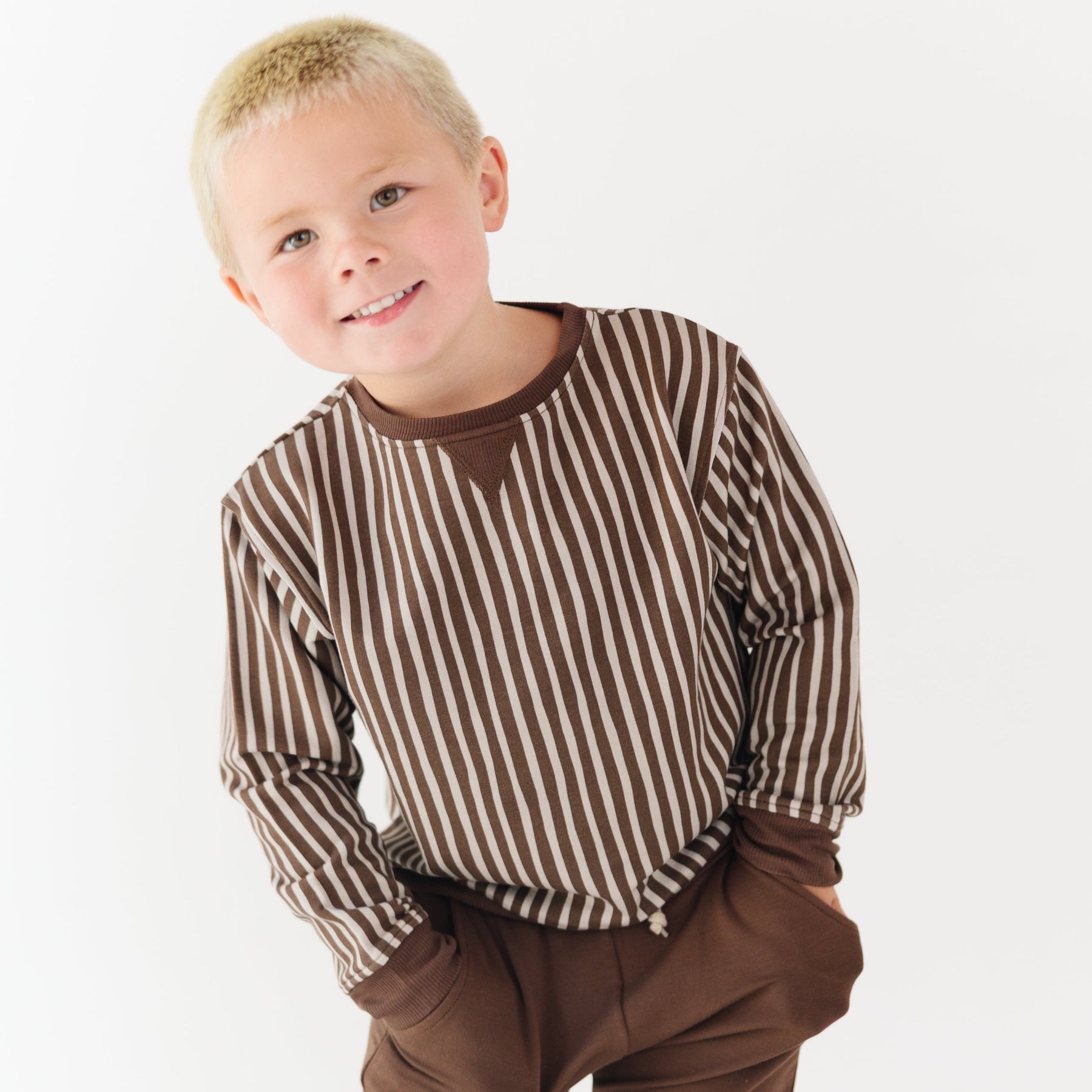 Brown Vertical Stripe Bamboo French Terry Pullover