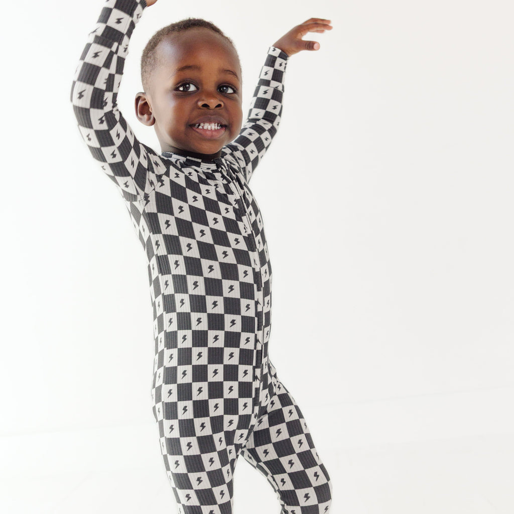 Checkered Lightning Bolt Small Ribbed Zip Romper
