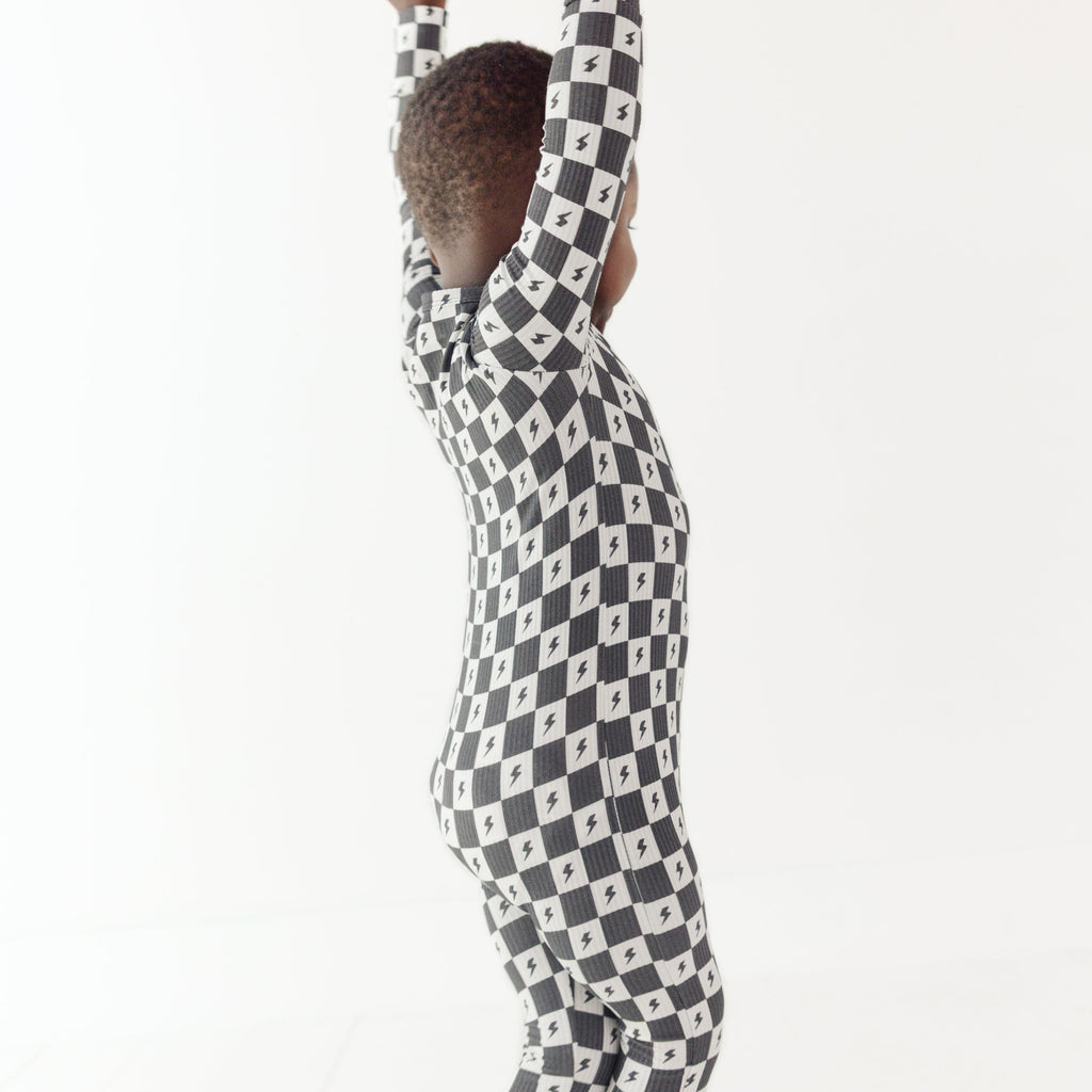 Checkered Lightning Bolt Small Ribbed Zip Romper
