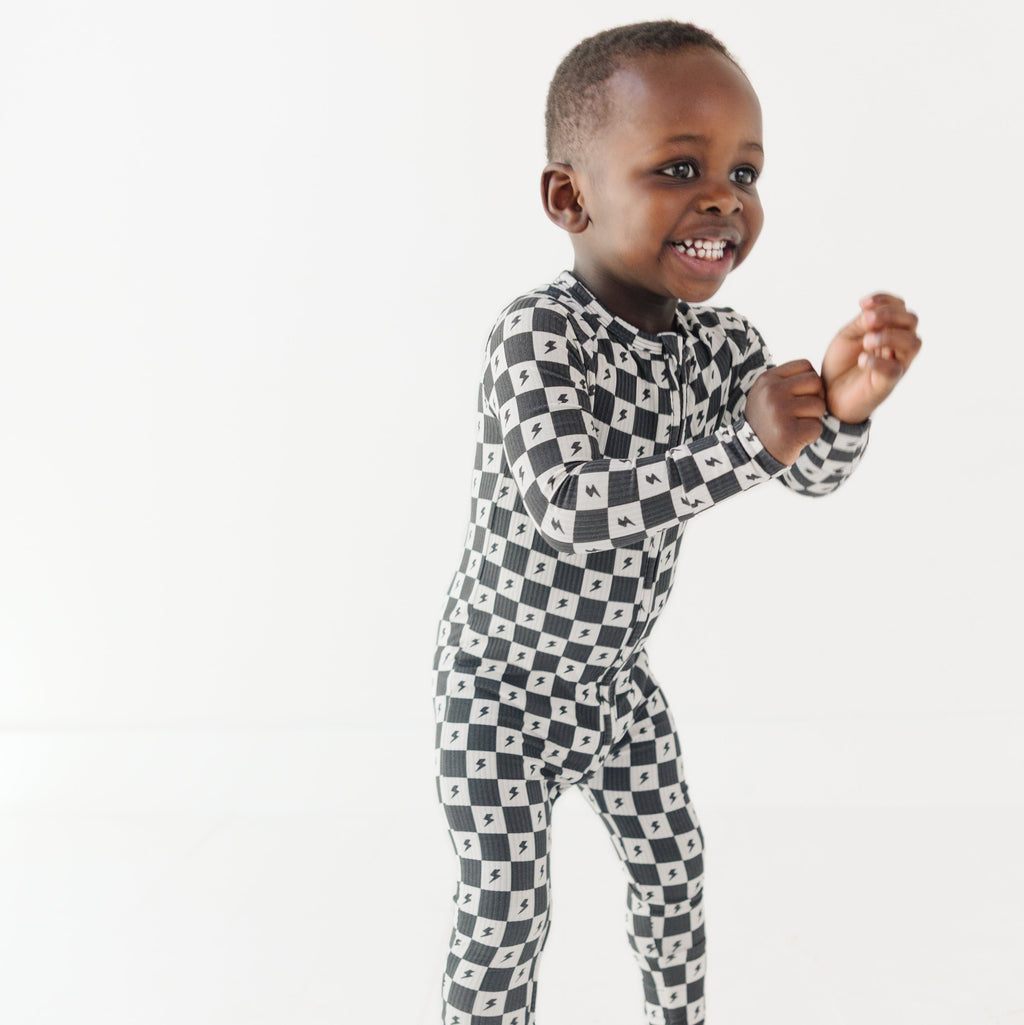 Checkered Lightning Bolt Small Ribbed Zip Romper