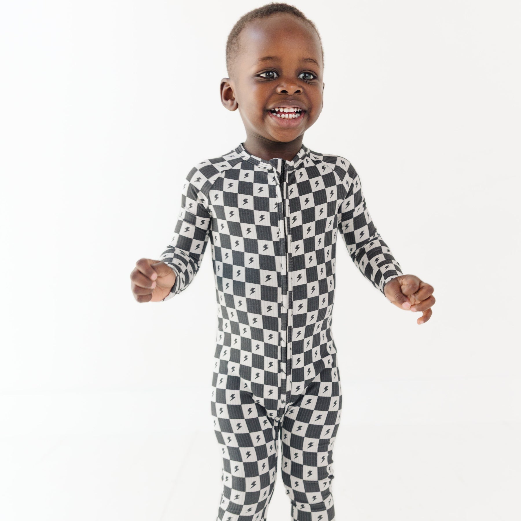 Checkered Lightning Bolt Small Ribbed Zip Romper