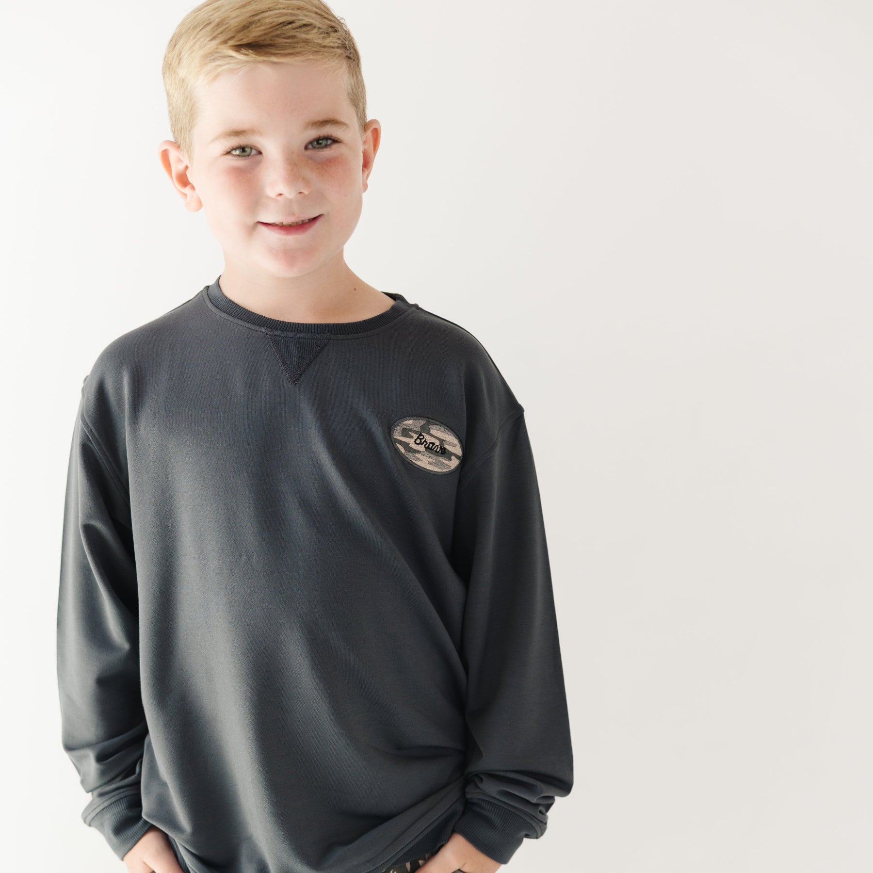 Midnight Charcoal With Camo Patch Bamboo French Terry Pullover