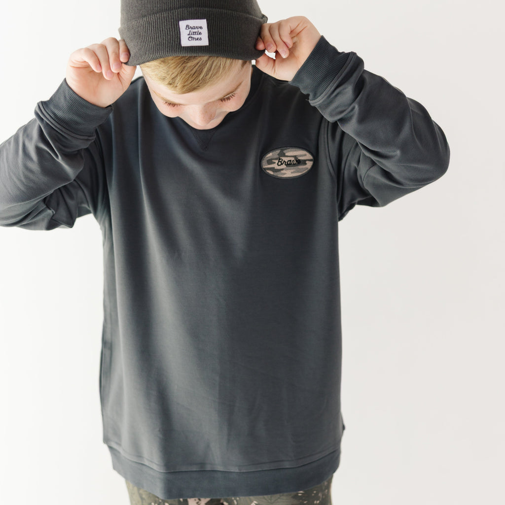 Midnight Charcoal With Camo Patch Bamboo French Terry Pullover