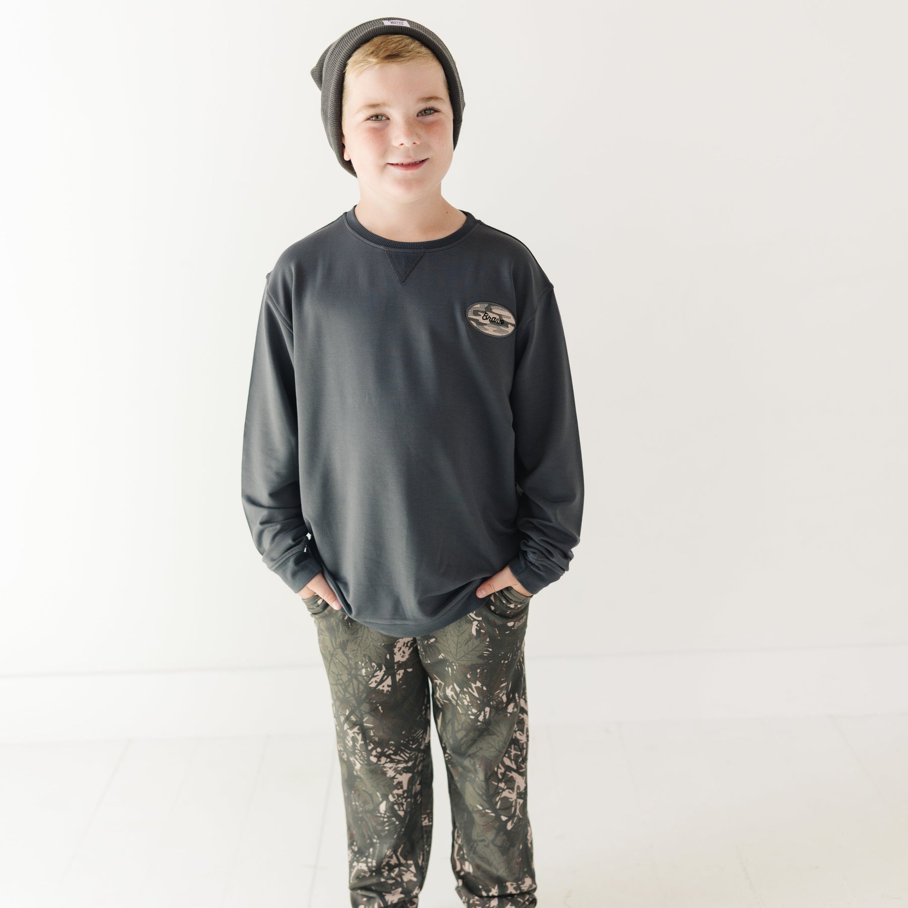 Midnight Charcoal With Camo Patch Bamboo French Terry Pullover