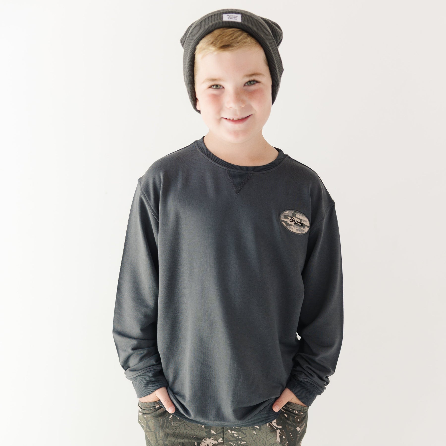 Midnight Charcoal With Camo Patch Bamboo French Terry Pullover