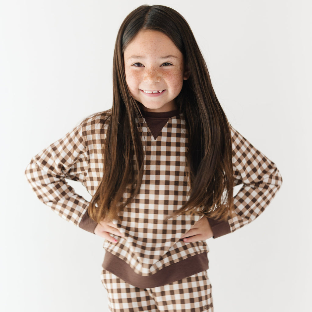 Dark Brown Gingham Bamboo French Terry Pullover
