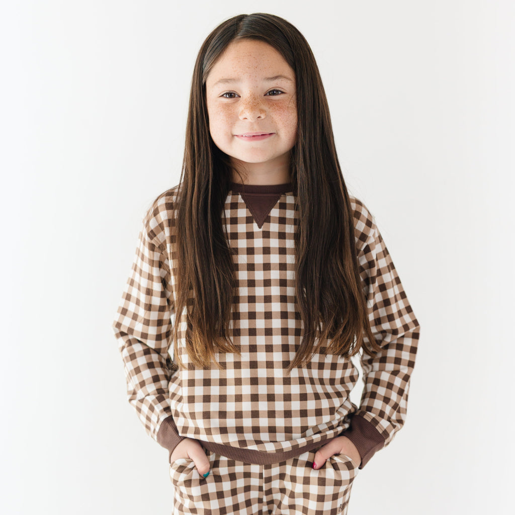 Dark Brown Gingham Bamboo French Terry Pullover