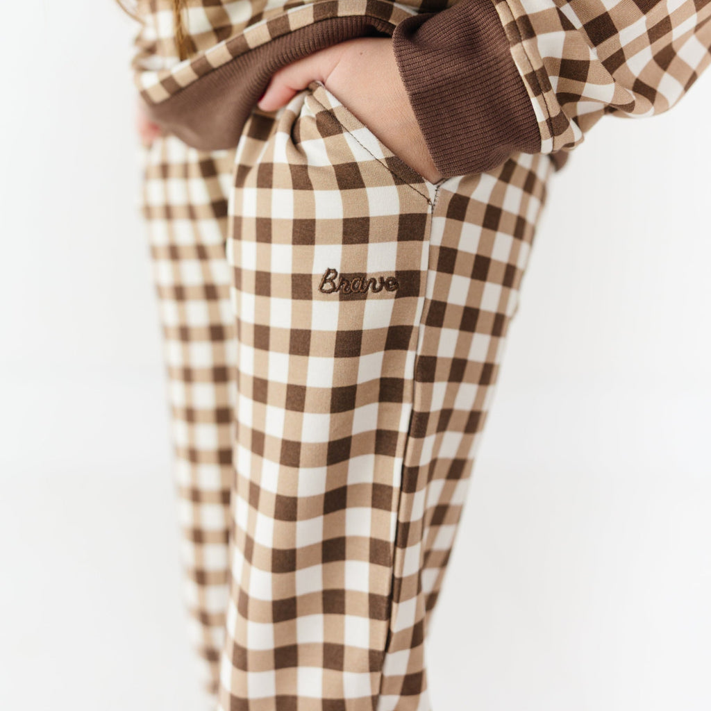 Dark Brown Gingham Bamboo French Terry Joggers