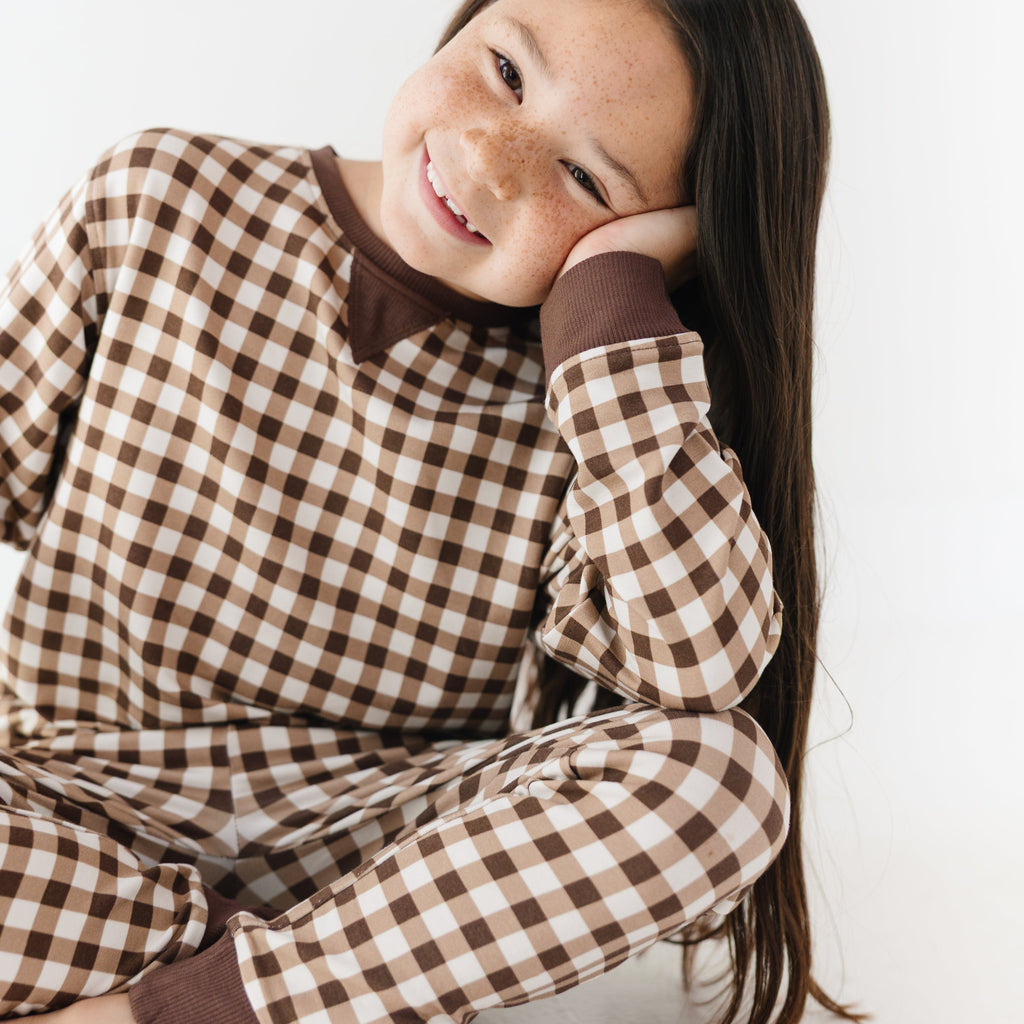 Dark Brown Gingham Bamboo French Terry Joggers