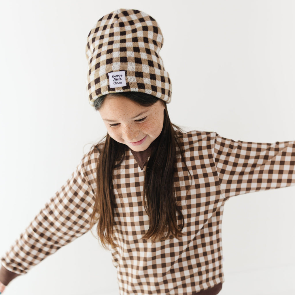 Dark Brown Gingham Knit Beanie