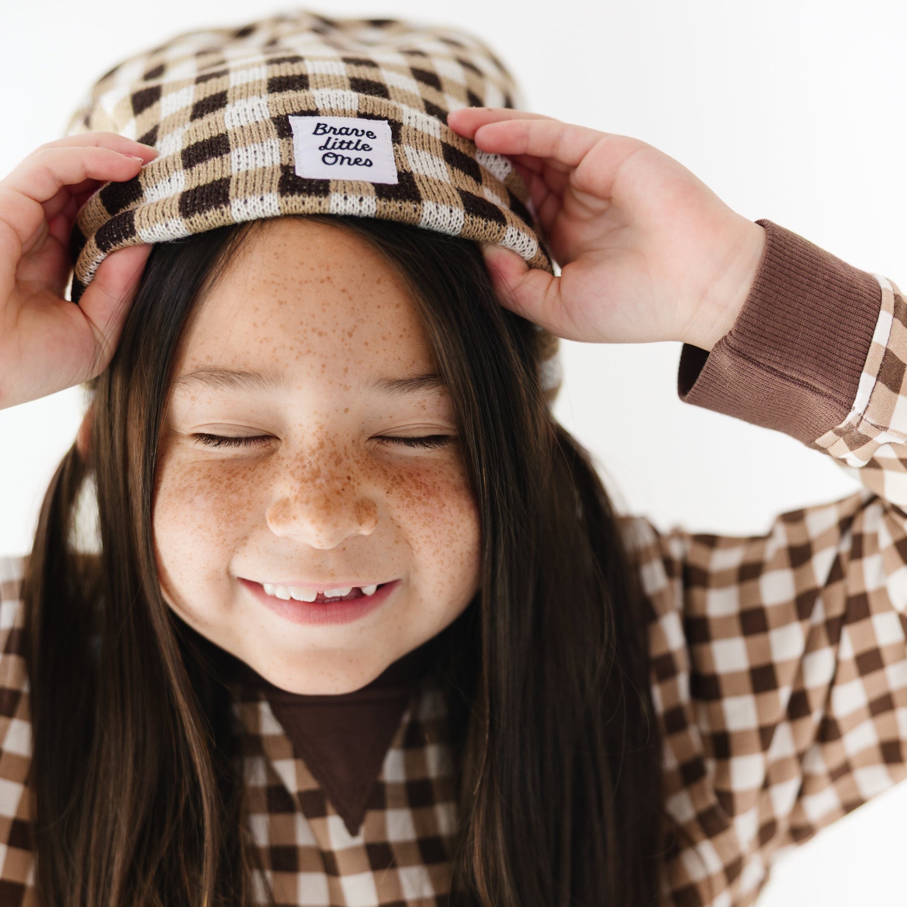 Dark Brown Gingham Knit Beanie
