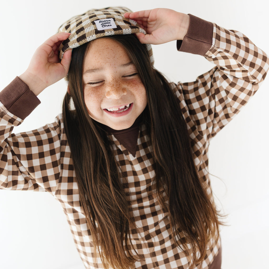 Dark Brown Gingham Bamboo French Terry Pullover