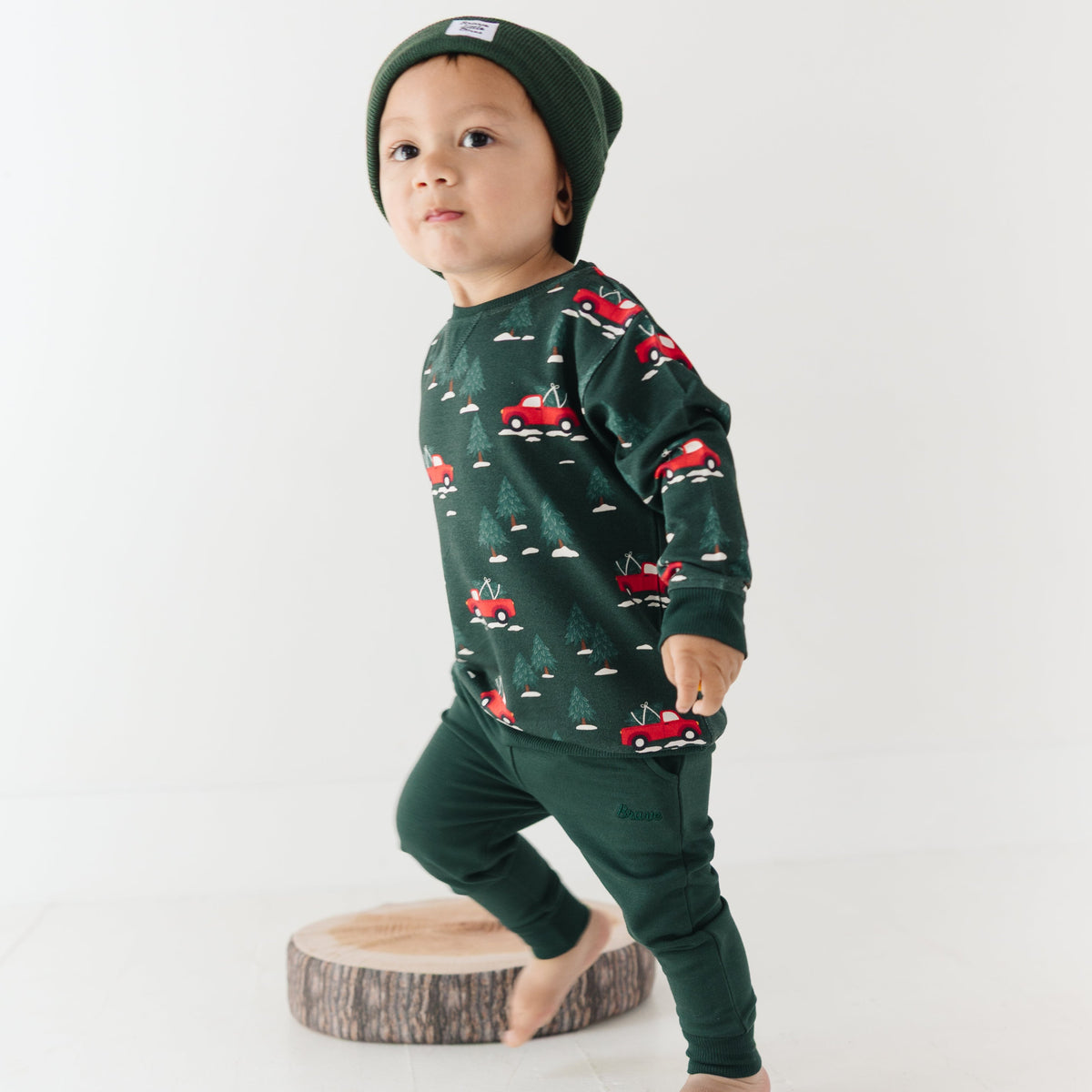 Red Christmas Trucks Bamboo French Terry Pullover and Joggers Set